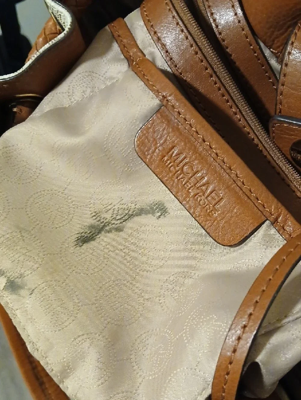 Michael Kors Beige Logo Tote with Brown Leather Trim and Tassel